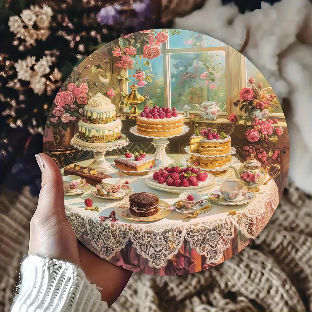 Window Side Dessert Feast Circular Tin Plaque 1pc 20cm 2D Flat Metal Tin Sign Retro Rose Flower Cake Tea Set For Kitchen Living