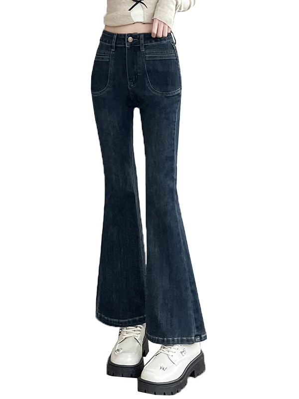 กางเกงยีนส์ทรงขาบานเล็กน้อยเอวสูงสีน้ำเงินสำหรับผู้หญิง ฤดูใบไม้ร่วง 2026 รุ่นใหม่ สไตล์ลำลอง ผ้าฝ้ายยืด