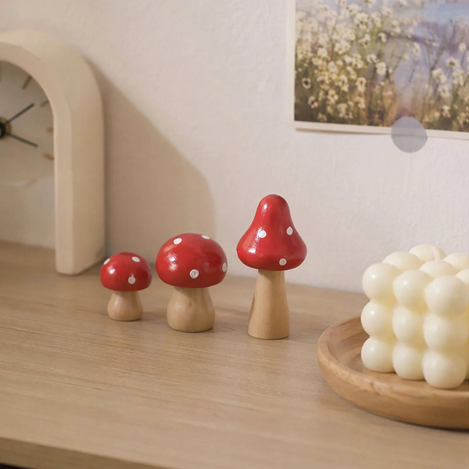 3Pcs Wooden Mushroom Statue Reusable Cute Plant Desk Ornament Micro Landscape Decoration Supplies for Kid Room&Coffee Decor
