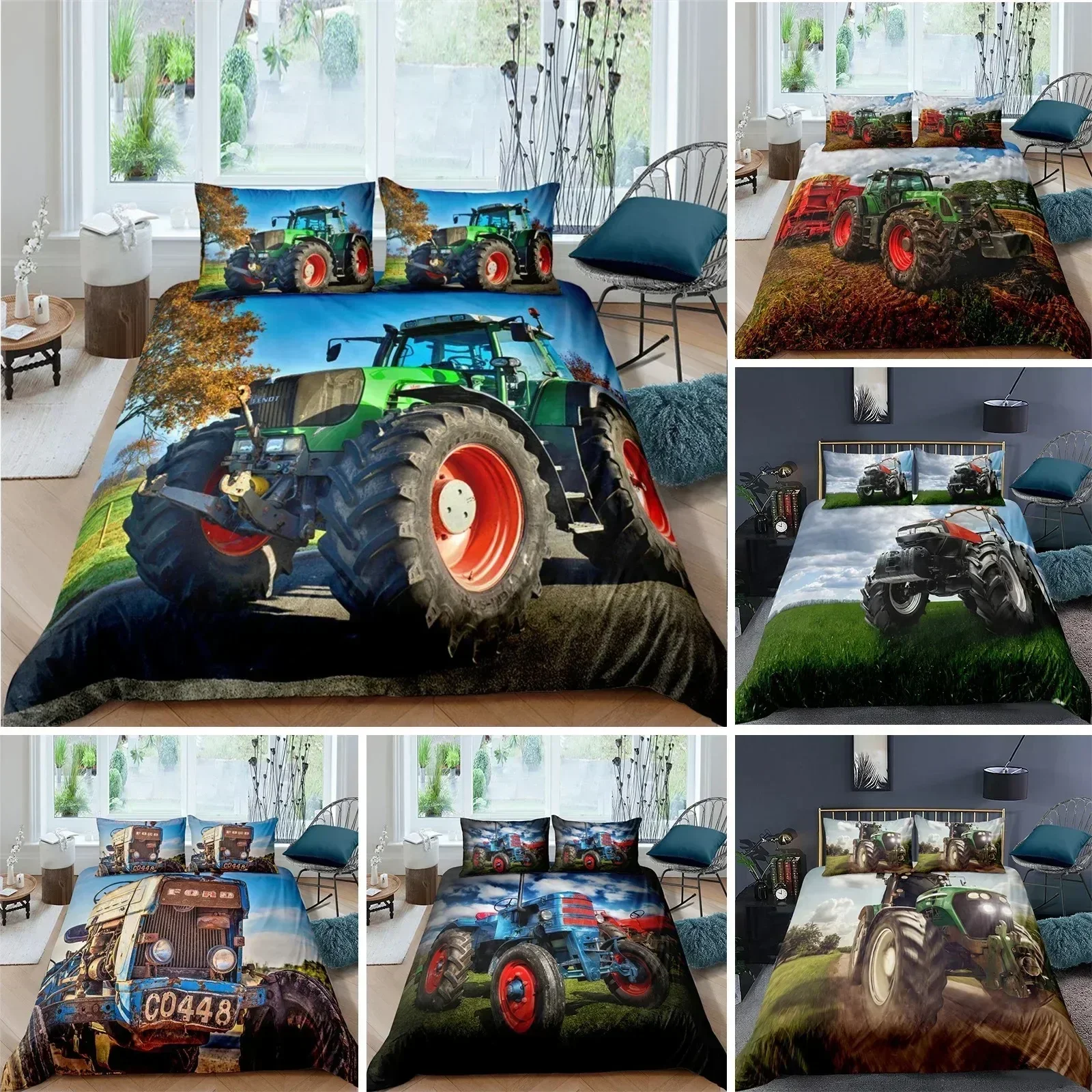 Retro Tractor King Queen Duvet Cover Car Bedding Set Engineering Vehicle Quilt Cover Farm Tool Cart Polyester Quilt Cover