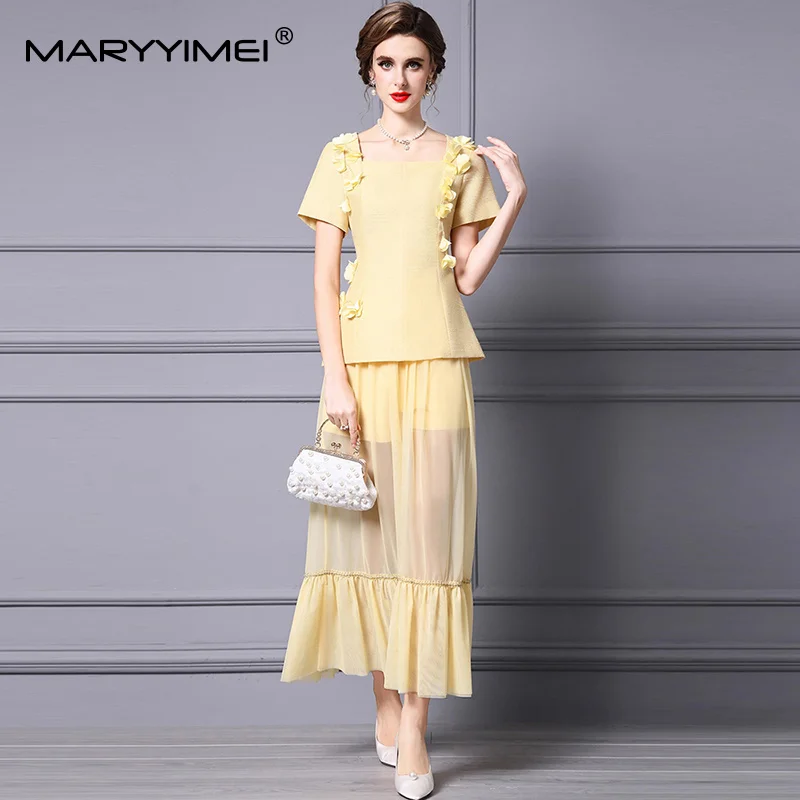

MARYYIMEI Solid Short Sleeve Slim Suit For Women Square-Neck Appliques Tops+Elastic Waist Elegant Skirt Two-piece set