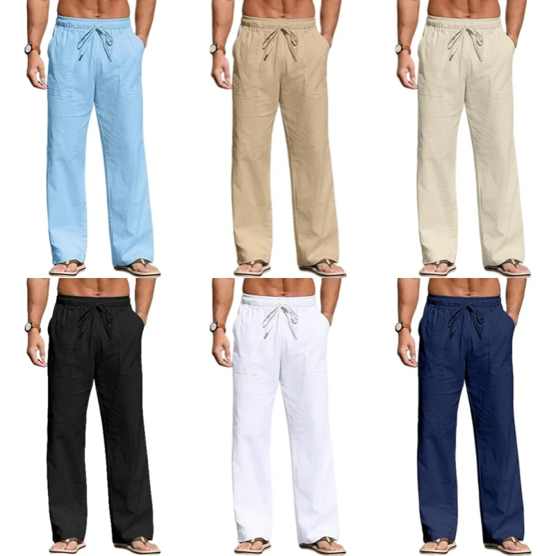 

New Men Cotton Linen Pants Summer Solid Color Breathable Linen Trousers Male Casual Elastic Waist Fitness Pants