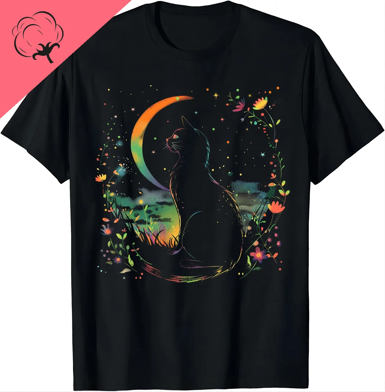 Mystic Moon Cat Tee - Starry Night Magic T Shirts  Graphic T Shirts Cotton Aesthetic Clothes Tops Shirts for Women Ropa De Mujer