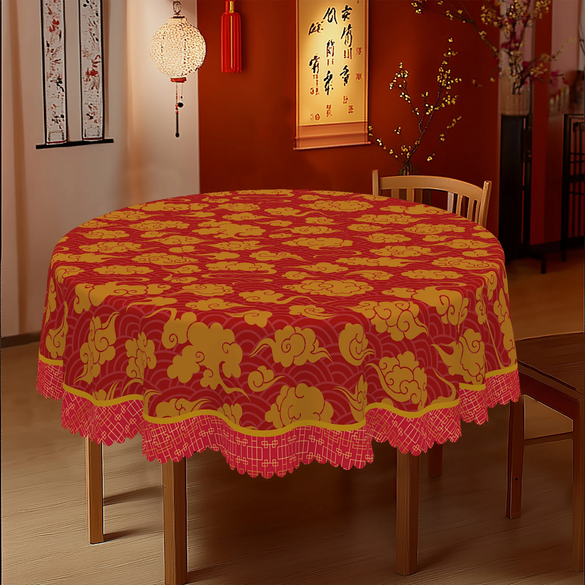 1 Stück runde Tischdecke im chinesischen Stil mit Rotgold-Wolkenmuster, erhältlich in 5 Größen, runde Tischdecke mit verheißungsvoller Wolke und Golddruck, geprägte Kantenhandwerkskunst,