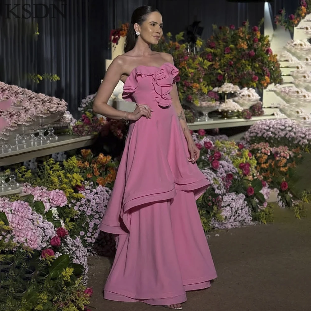 

KSDN Luxury Strapless Evening Dresses Fashion Sleeveless Tiered Sweep Train Party Celebrity Gowns Customized Princess Dress
