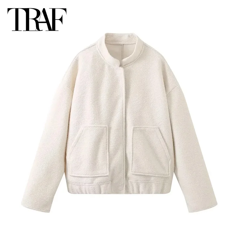 TRAF Elegant Outerwear Women\'s 2024 Spring Autumn Long Sleeve Bomber Varsity Jacket Coat Ladies Fashion Casual Beige Black Coat