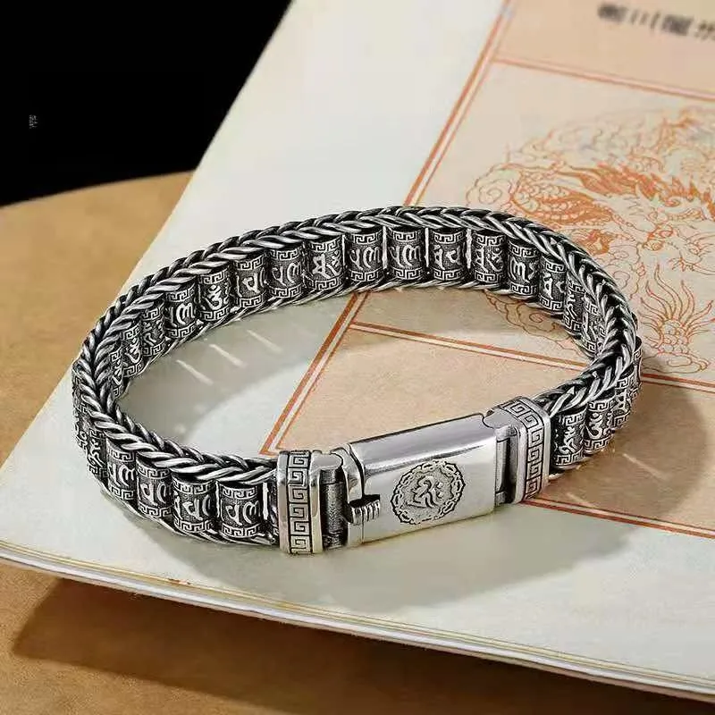 Handmade creative warp wheel bracelet men's silver ladies jewelry six-word mantra personality trend retro bracelet.