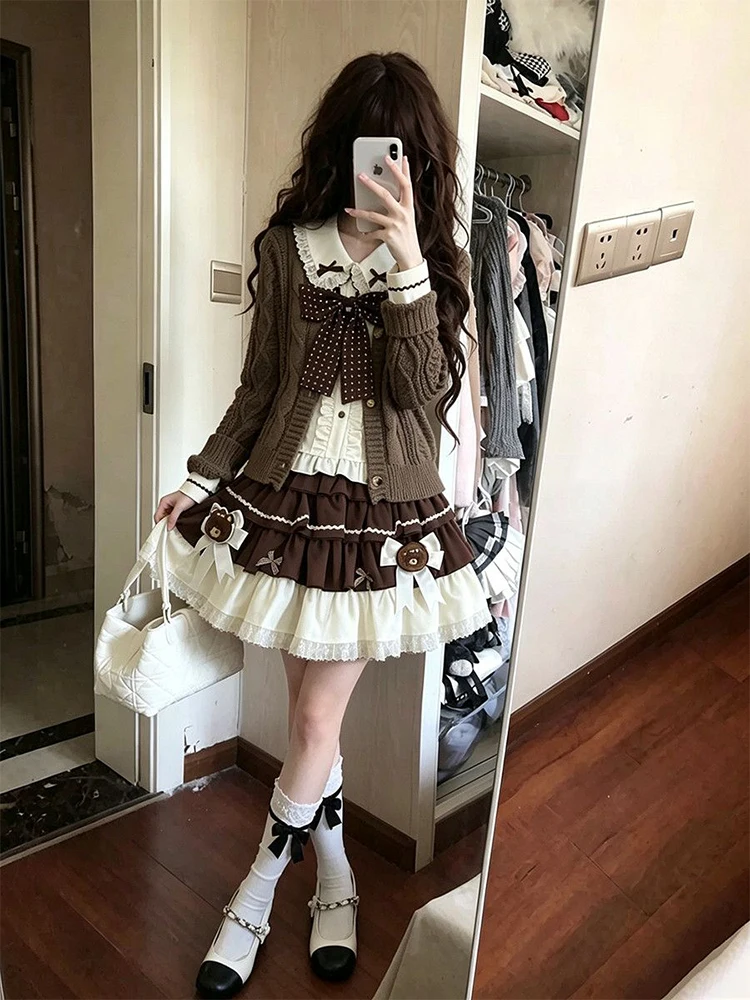 Autumn New Style Cute Japanese Knitted Cardigan Shirt And  Skirt Three Piece Set Women's Fashion College Style Inner Wear