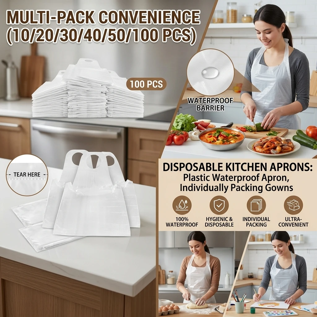 100PCS Disposable Kitchen Aprons Plastic Waterproof Apron Individually Packing Gowns For Men Women Kitchen Protection Accessory