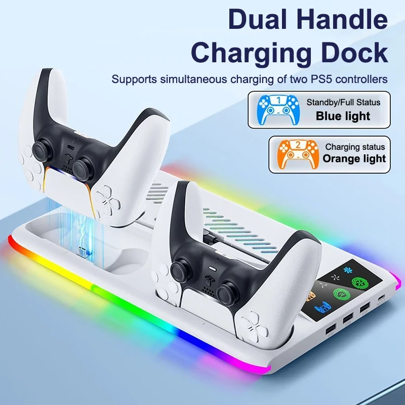 For PS5/PS5 Slim/PS5 Pro Cooling Stand with RGB Lights Controller Charger 3 Speed Fan Dock USB Hub Headphone Hook Gaming Station