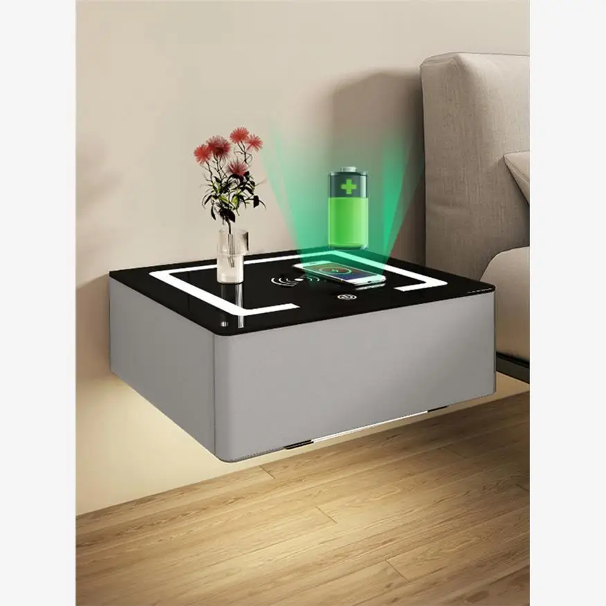 Intelligent charging suspended bedroom with light rock slab light luxury storage cabinet bedside rack