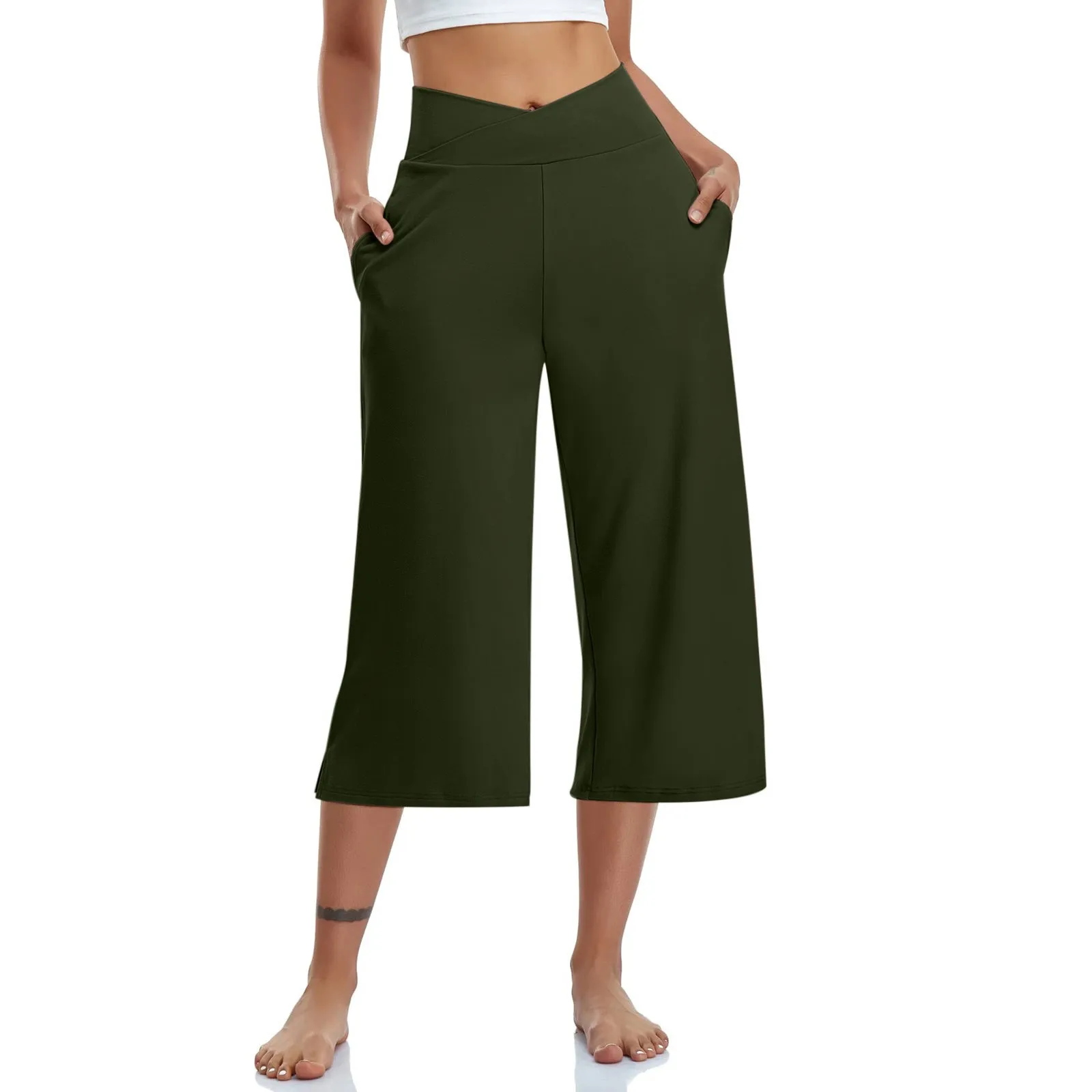 Women  Elastic High Waist 3/4 Pant Casual Active  Fit Wide Capris Leg Pants Trousers With Pockets Roupas Femininas Ropa Mujer