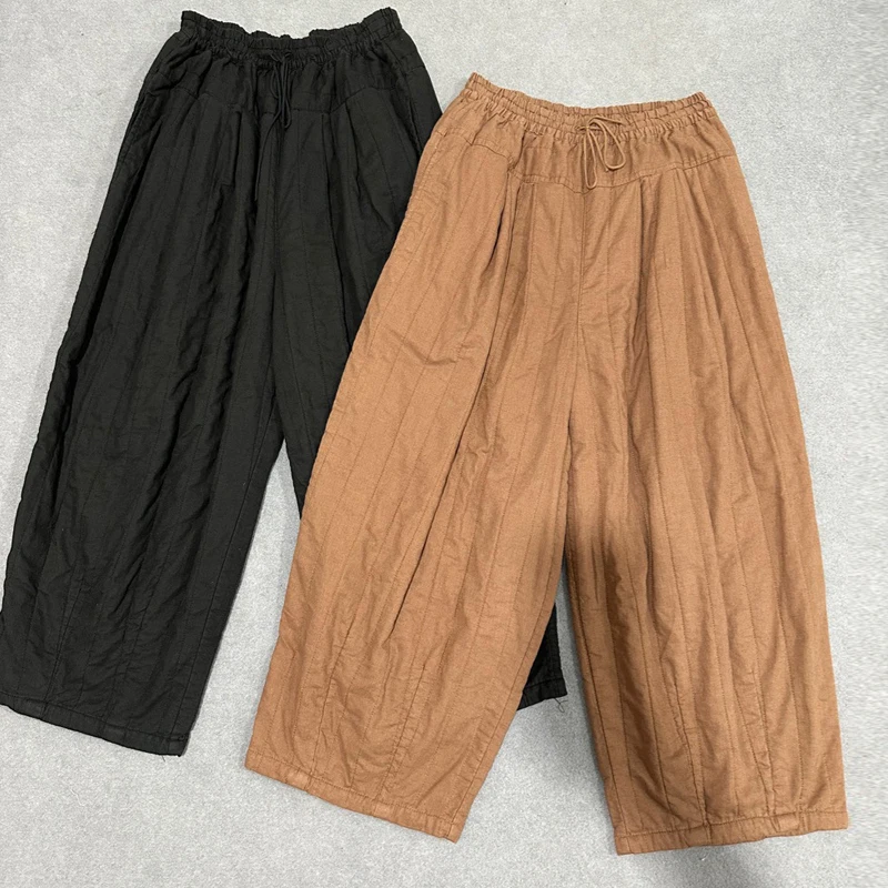 Johnature 2024 Winter New Cotton Linen Full Lengt Pants For Women Casual Japanese Elastic Waist Loose Pockets Female Pants