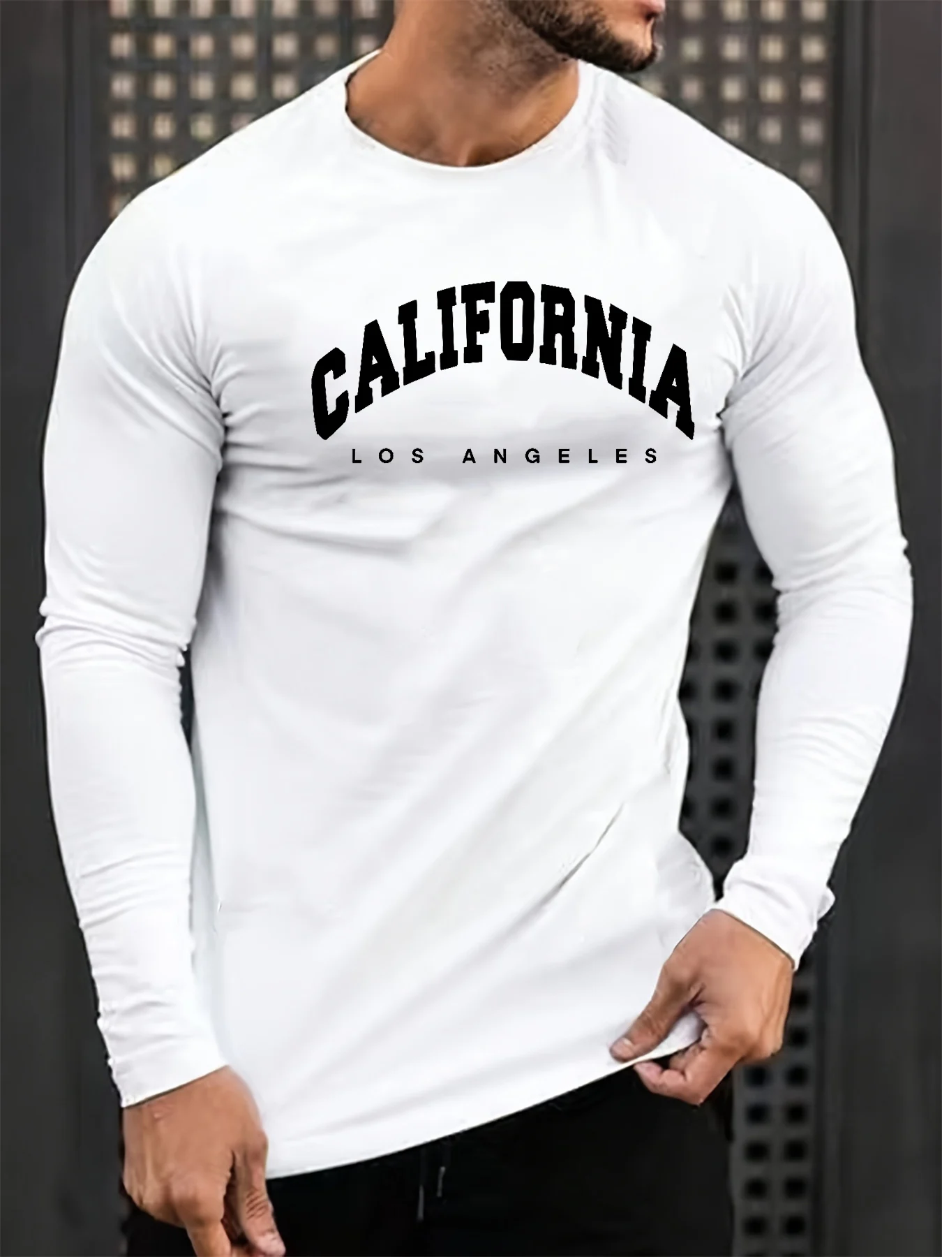 

Men's 100_ pure Fibre loose fit comfortable sports and leisure California Los Angeles printed round neck long sleeved T-shirt