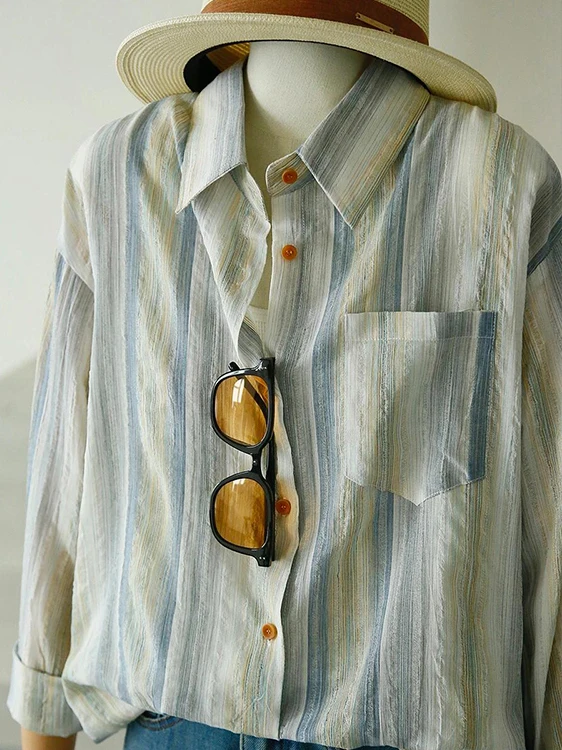 Summer Faion Dünne, reine Baumwolle, atmungsaktiv, lang, für Damen, Irt, Sonnenschutz, gestreift, Retro-Design, Pendeln, Knopfleiste