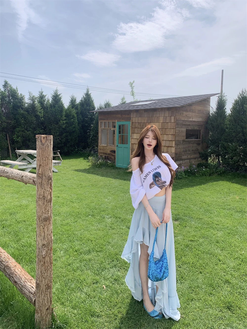 

Summer Casual Cartoon Dog Print Asymmetrical Shoulder Short Sleeve T-Shirt Women's High Waist Skirt Two-Piece Set Fashionable...