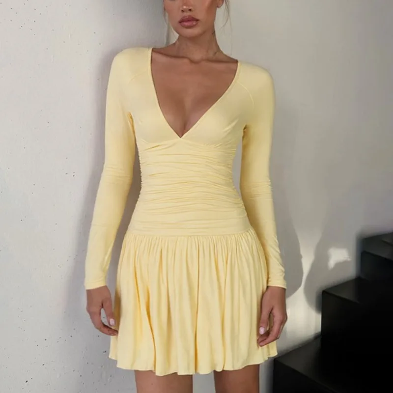 Talenza Weibliche Elegante Gefaltete Kleid Mode Sexy V-ausschnitt Langarm Kleid Luxus Hohe Taille Vintage Schlank Party frauen Kleider