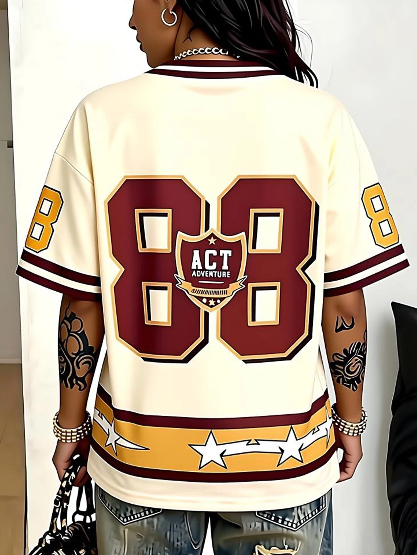 플러스 사이즈 여성 의류 2025 신상 V넥 디지털 프린트 티셔츠 풀오버 탑 데일리 필수템