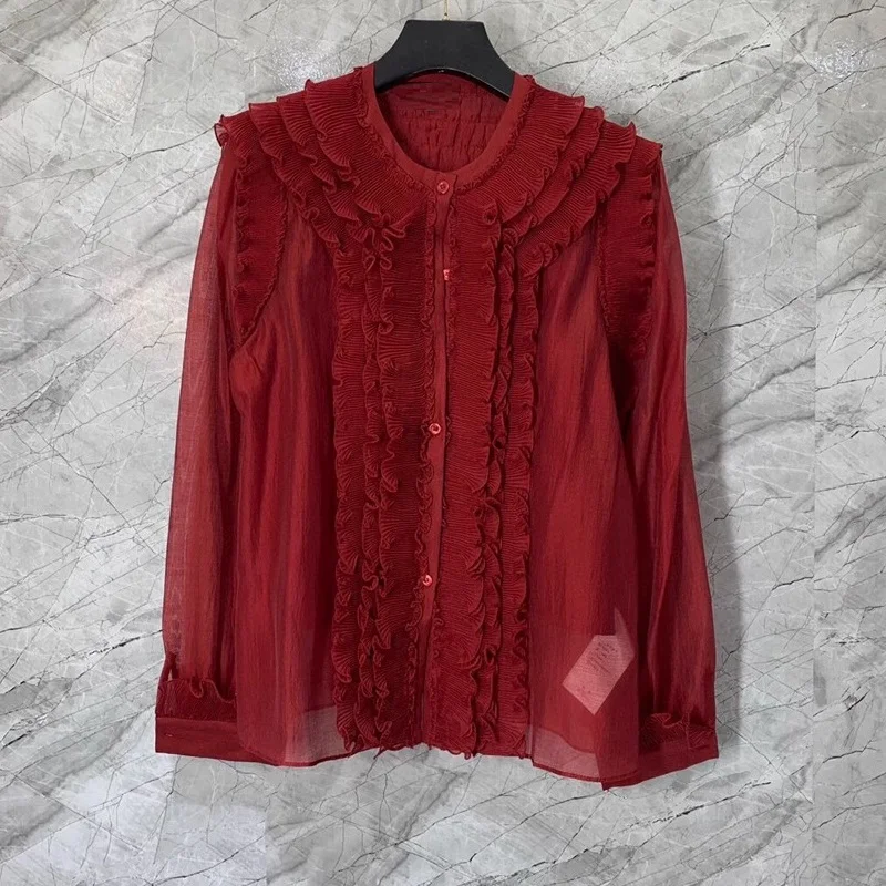 

Top Quality New Silk Blouse Shirts 2024 Spring Summer Style Women Ruffle Flower Deco Long Sleeve Beige Black Red Shirts Tunic