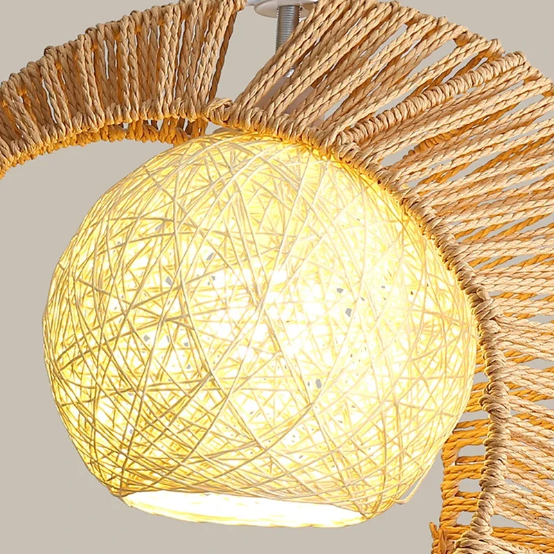 Retro Wabi Sabi Yellow Rattan Hemp Rope Moon Pendant Light Living Room Bedroom Restaurant Bar Handmade Droplight Home Decor Lamp