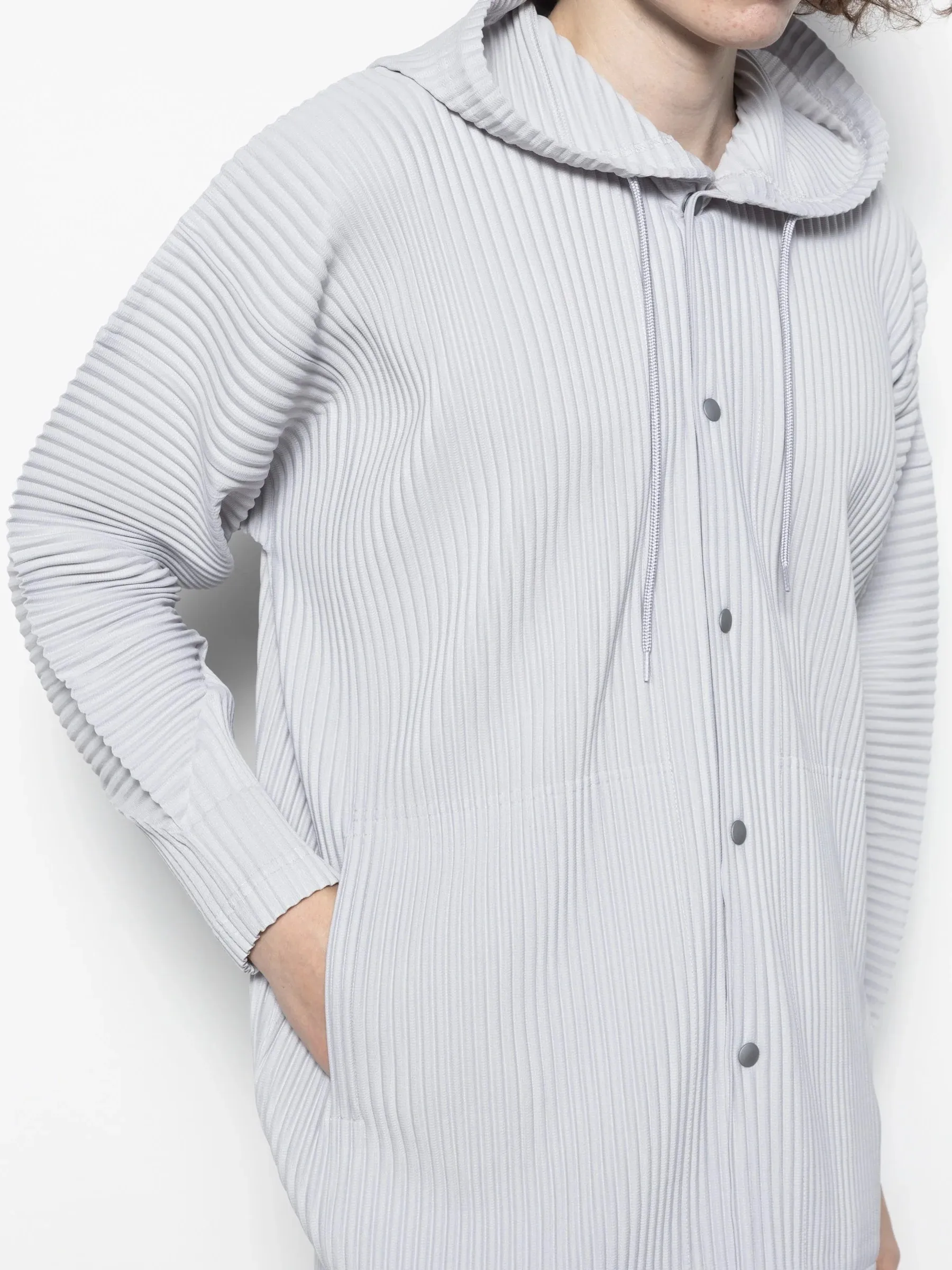 Miyake Japanese Minimalist Pleated Plisse Hooded Cardigan Men Button Down Long Sleeve Loose Fit Side Pockets Wrinkle Resistant C
