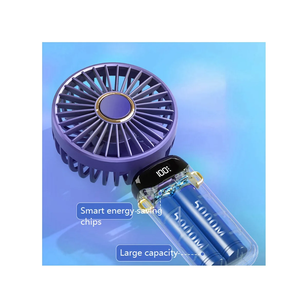 Ventilador de mão portátil multifuncional pequeno, desktop do escritório, ventilador dobrável de cabeça dupla com cordão no pescoço, roxo