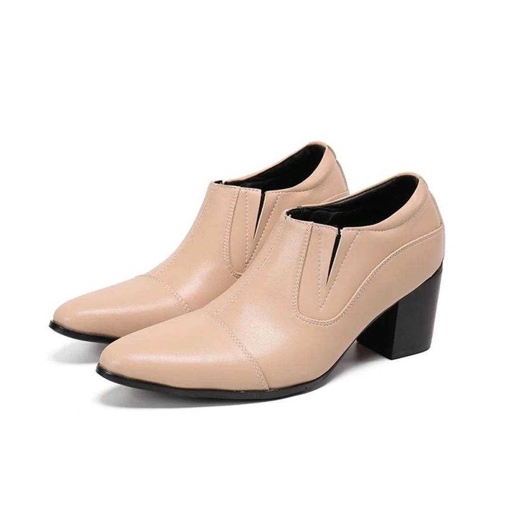 

Cream-Colored Genuine Leather High Heels Pointed Toe Slip-On Boots For Male Wedding Business British Style Dress Shoes