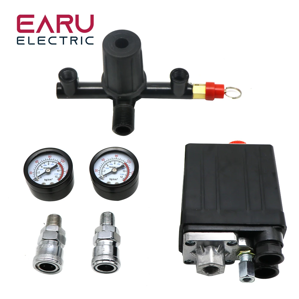 Efficient 220V/380V 4 Port Regulator Duty Air Compressor Pump Pressure Control Switch Air Pump Control Valve 0-180PSI With Gauge