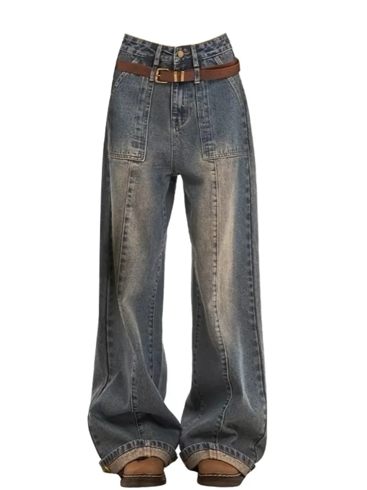 

Y2K широкие джинсы женские с высокой талией американский ретро свободный крой для похудения High Street прямые брюки-тапочки