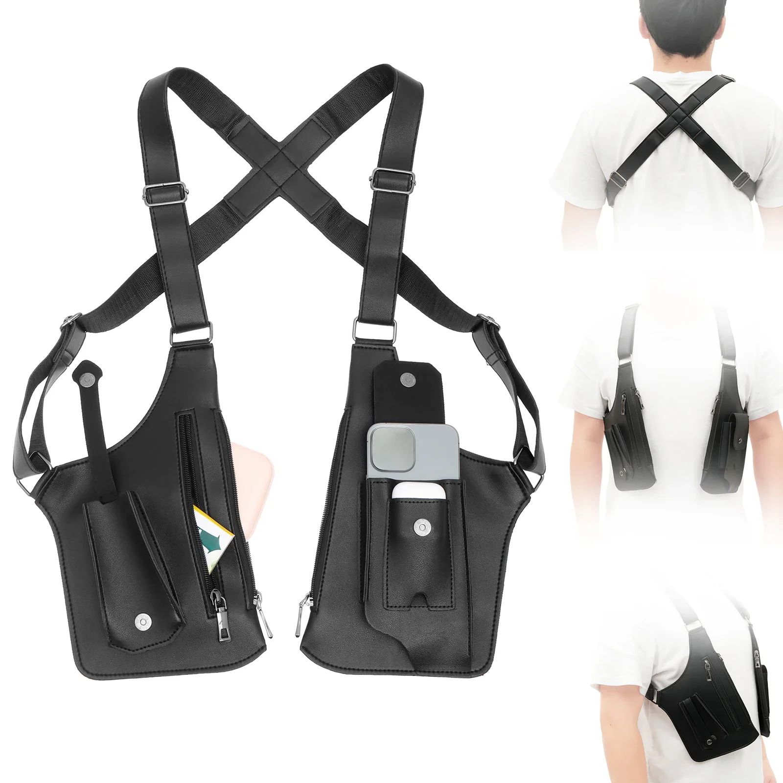 Underarm Anti Theft Bag PU Double Shoulder Strap Multi-Pocket Outdoor Anti-Theft Tactical Fishing Bag Waterproof Men Armpit Bag