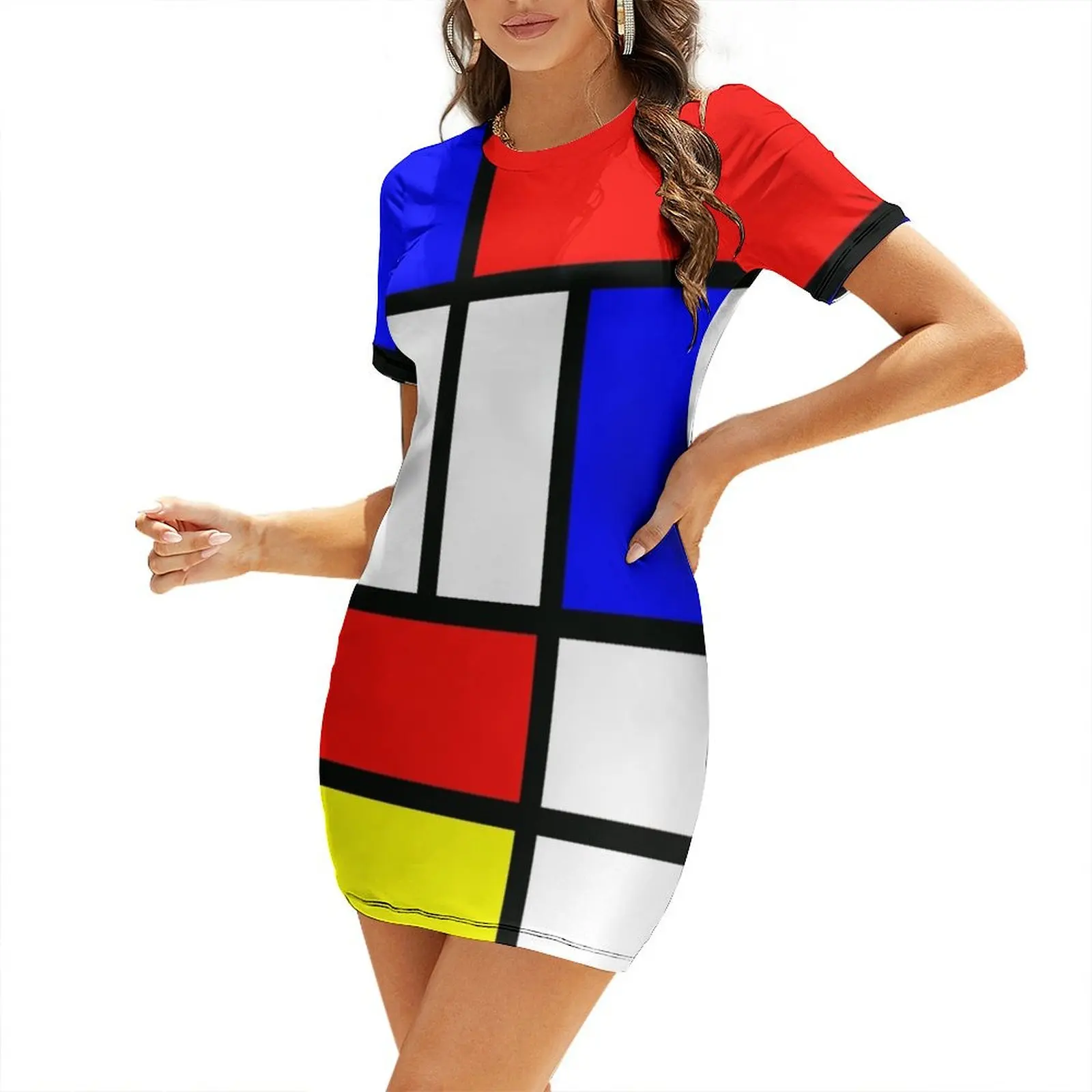 

Piet Mondrian Composition 2 Color Block with Red Yellow and Blue Short Sleeved Dress Dress woman party dresses women Dress