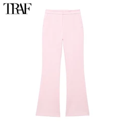 TRAF 2024 Pink Flared Trousers Womens Summer High Waist Pants for Women Retro Office Women's Pants Streetwear Flare Pants Women