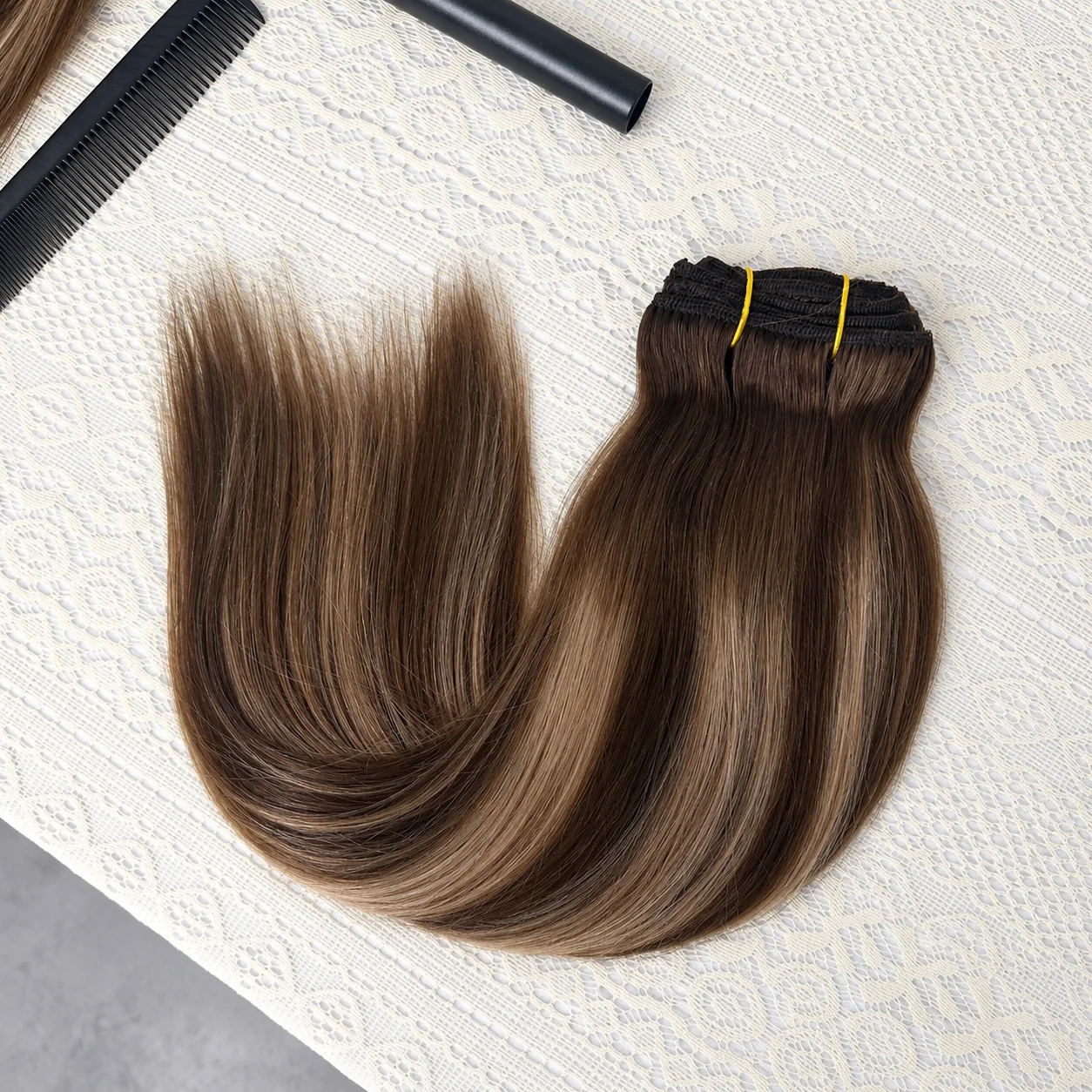 T4/27/P4 Highlight Brazilian Remy Straight Human Hair Clip In Extensions, 18-26 Inch, 120G 7Pcs/Sets Seamless Clip On Hair Extensions for Women