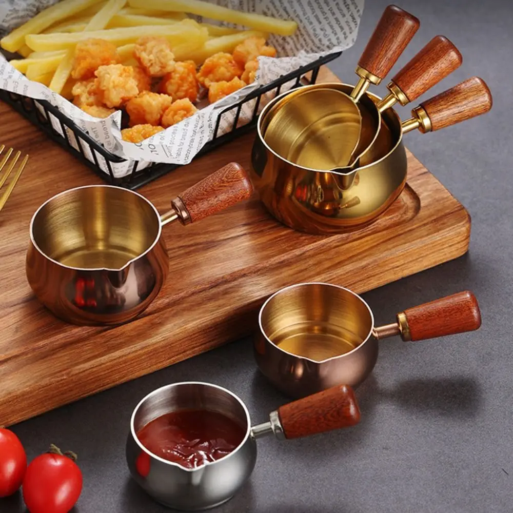 Gravy Boat 304 Stainless Steel Sauce Pan 60ml/120ml/180ml Reusable Seasoning Cup Wooden Handle Measuring Spoon Restaurant