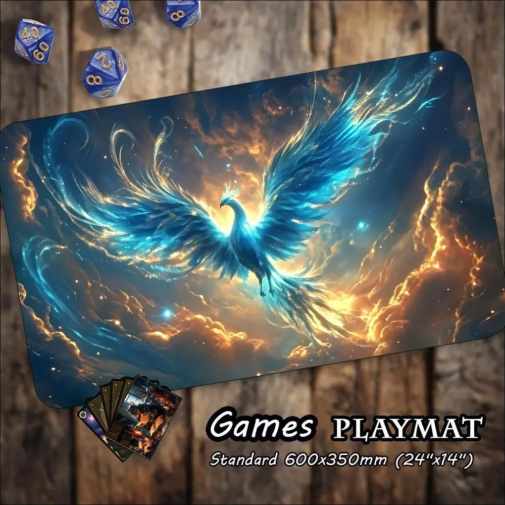 Huge XXL TCG Gaming Mat Blue Flame Phoenix Giant Keyboard Pad HD Print Vivid Colors Non-Slip Rubber Base Blazing Phoenix Rise