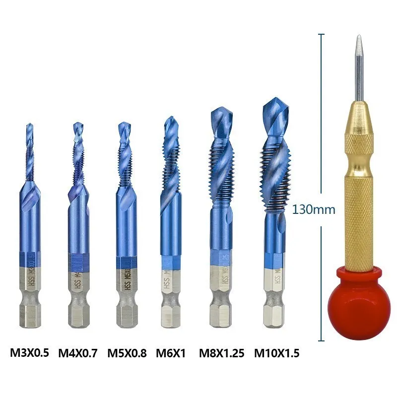 XCAN HSS Thread Tap Set M3 M4 M5 M6 M8 M10 Screw Machine Compound Tap With Center Punch Nano Blue Coated Tap Drill Bits