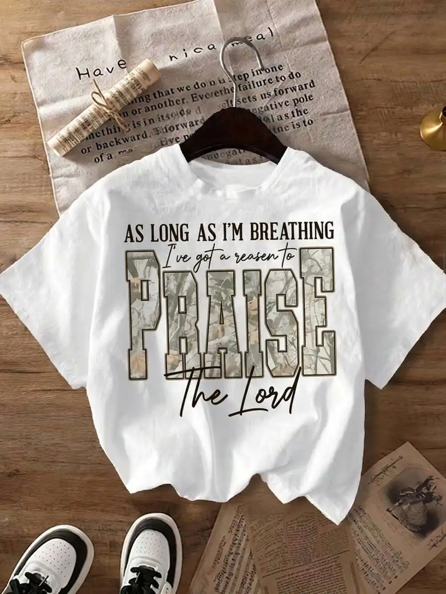 Women Trendy Praise The Lord Christian Western Retro Jesus Camouflage Crewneck Short Sleeve T Shirt Faith Fall Everyday Wear Top