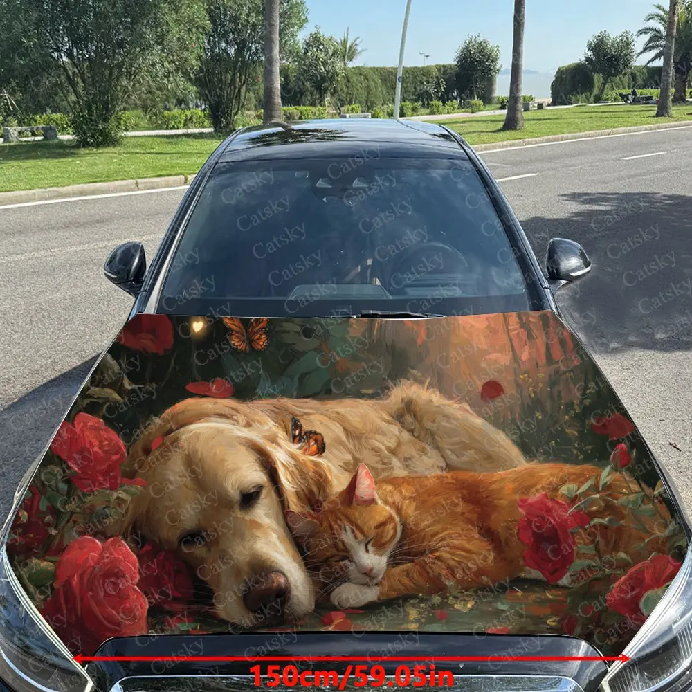Adorable Romantic Pet Pair & Rose Car Cover Sticker, Auto Hood Decal, Car Exterior Scratch Resistant Decal, Trendy Gift for Car
