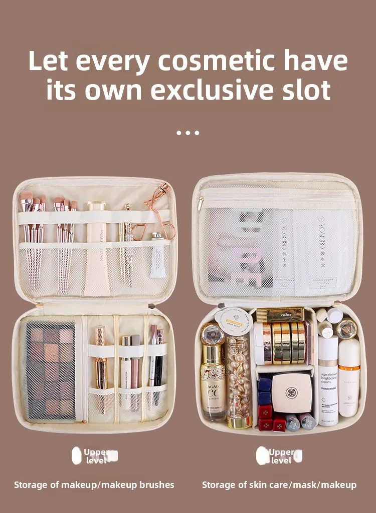 Doppelschichtige Handtasche aus PU-Leder für Make-up, Große Kapazität Reise-Kosmetikorganizer, Toilettentasche für Schönheitsprodukte, Damen – Detail 4