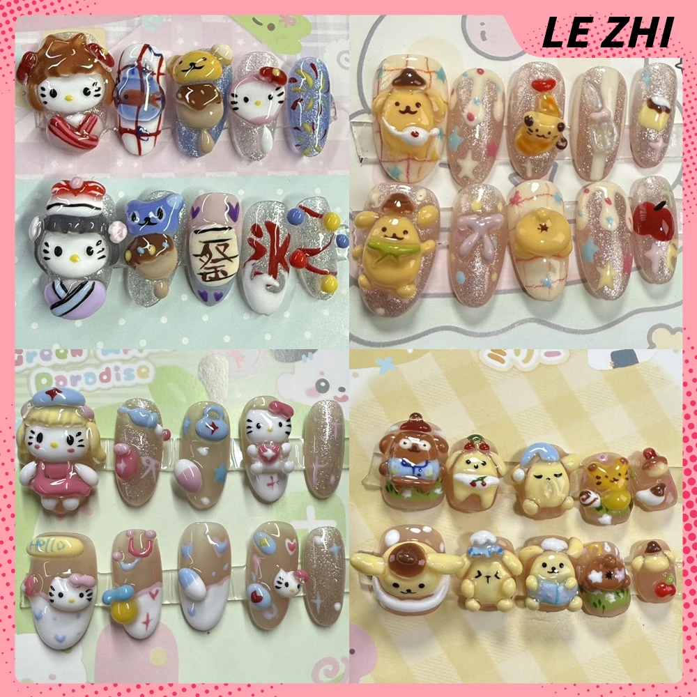 

Cartoon Kawaii 3D Hello Kitty Pom Pom Purin Handmade Nails Party Stickers Pearl Bowknot Bread Doughnut Reusable Press On Nails