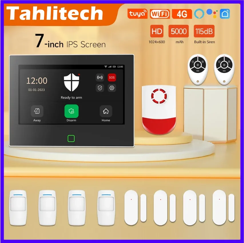 

Home Alarm System 7“ Wireless WiFi 4G Tuya Smart Security Protection Kit Built-in 115dB Louder Siren 5000mAh Battery