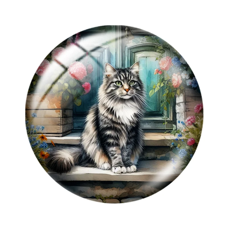 Waiting Watercolor Cat 10pcs 12mm/16mm/18mm/30mm Round Photo Glass Cabochon 25mm Demo Flat Back Making findings