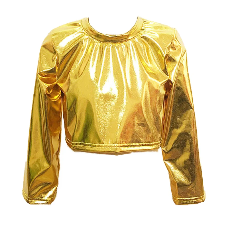 大人の子供メタリッククロップトップヒップホップストリートダンスステージパフォーマンス衣装光沢のある服長袖光沢のあるTシャツトップス男の子