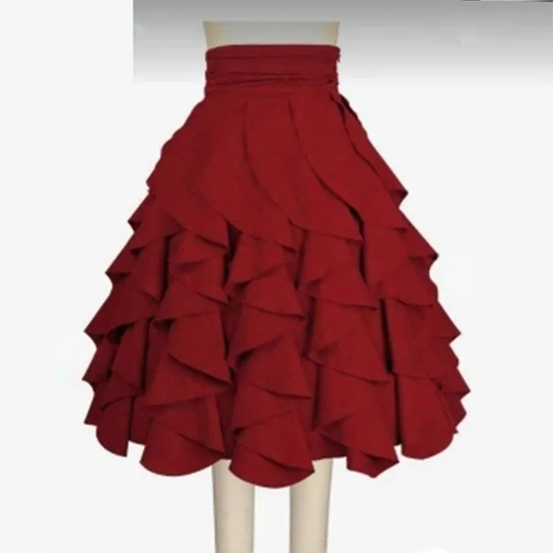 Burgundy Ruffles A Line Skirts Women Formal Wear Birthday Party Mid-Calf Skirts Gowns Ruched Satin High Waist Women Skirts