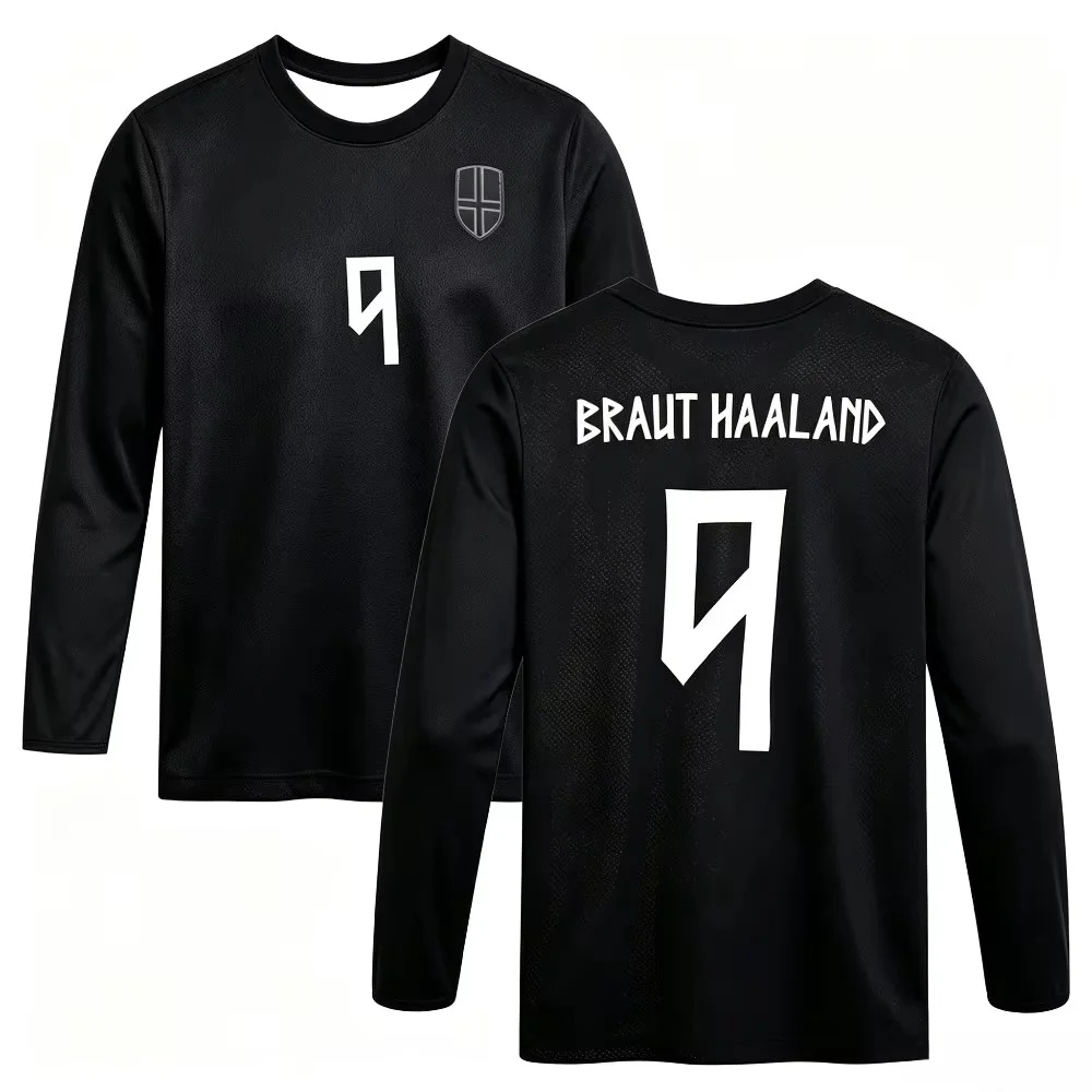 Haaland, Norwegen, Name & Nummer 9, T-Shirt, Schwarz, atmungsaktiv, bequem, aus Mesh-Material, Rundhalsausschnitt, lässig, langärmelig, Unisex, Oberteile. – Detail 4