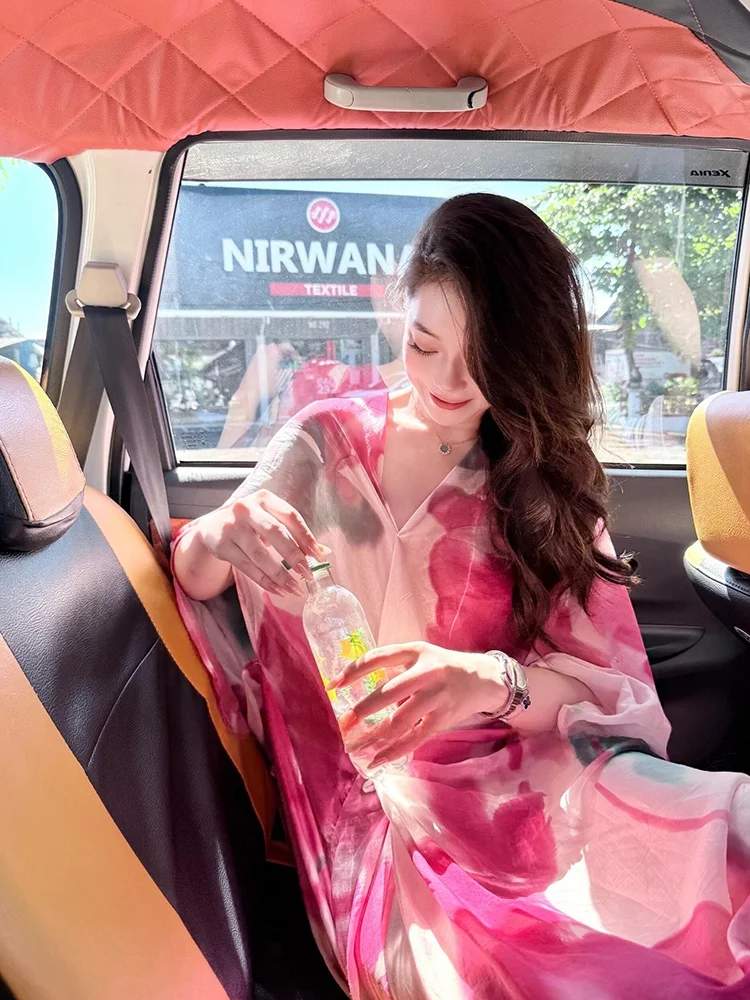 

New Chinese Style Loose Fit Long Dress Women's Summer New Pink Gradient Design Sensual Ethnicity Atmosphere Midi Skirt