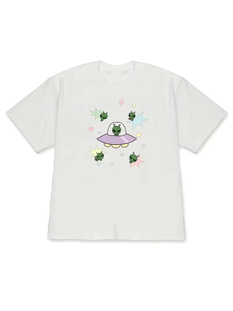 Graffiti Style T-shirt Cartoon Alien Printed Women's Comfortable Home Clothes Round Neck Unisex Fun Clothing