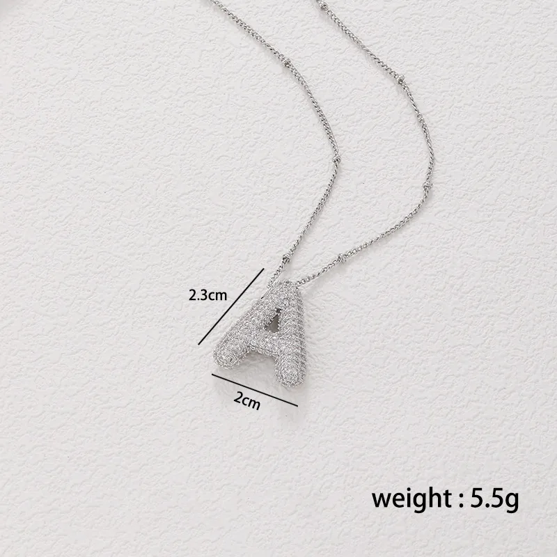 Shiny Zircon Initial Letters Pendant Necklace for Women Men Silver Color Balloon Bubble Chunky Necklace Hip Hop Jewelry Gift