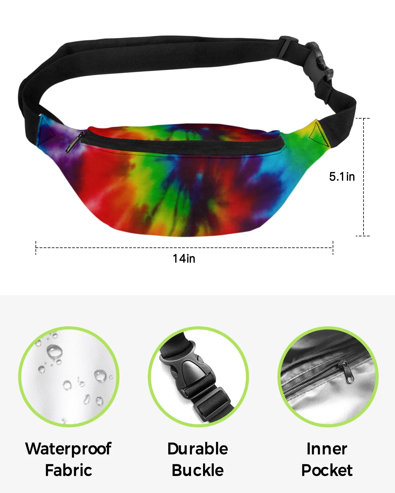 Rainbow Tie-Dye Color Ethnic Style Waist Packs Shoulder Bag Unisex Messenger Bag Casual Fashion Fanny Pack for Women