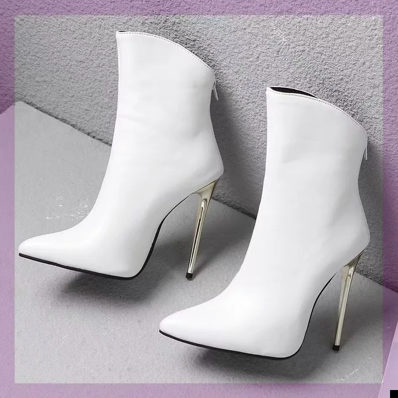 

2025 Women's Boots Sexy Shoes 12cm High Heels Women's Black and White Sexy Pointed Ankle Boots Winter Formal Shoes 34-48